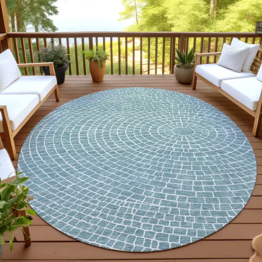 8' Teal Blue And Ivory Round Geometric Washable Indoor Outdoor Area Rug Photo 4