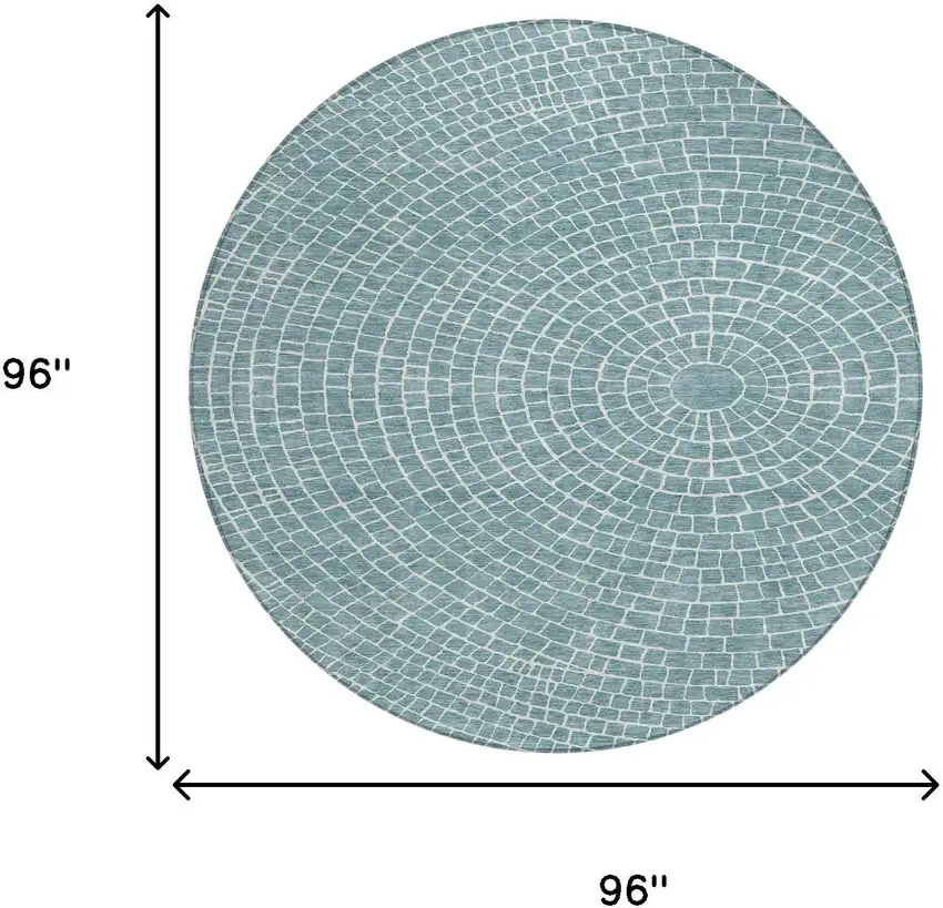 8' Teal Blue And Ivory Round Geometric Washable Indoor Outdoor Area Rug Photo 8
