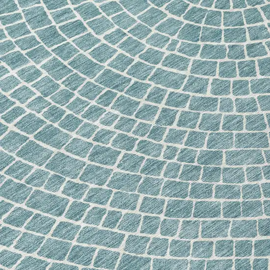 8' Teal Blue And Ivory Round Geometric Washable Indoor Outdoor Area Rug Photo 7