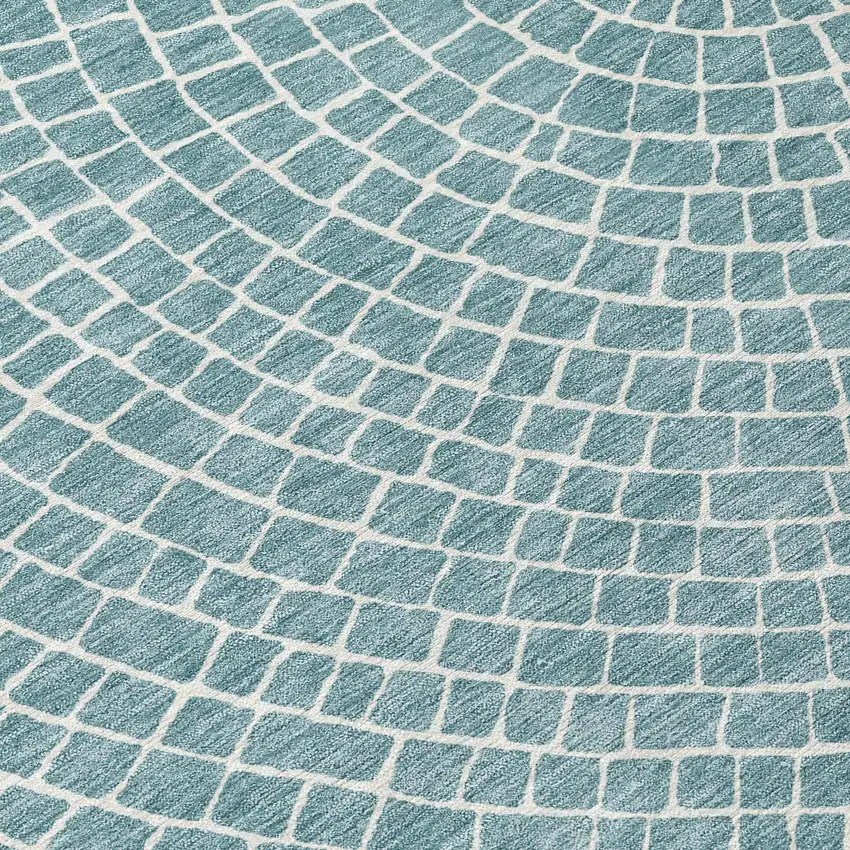 8' Teal Blue And Ivory Round Geometric Washable Indoor Outdoor Area Rug Photo 7