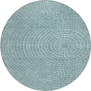 Photo of 8' Teal Blue And Ivory Round Geometric Washable Indoor Outdoor Area Rug