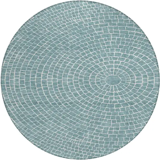 8' Teal Blue And Ivory Round Geometric Washable Indoor Outdoor Area Rug Photo 1