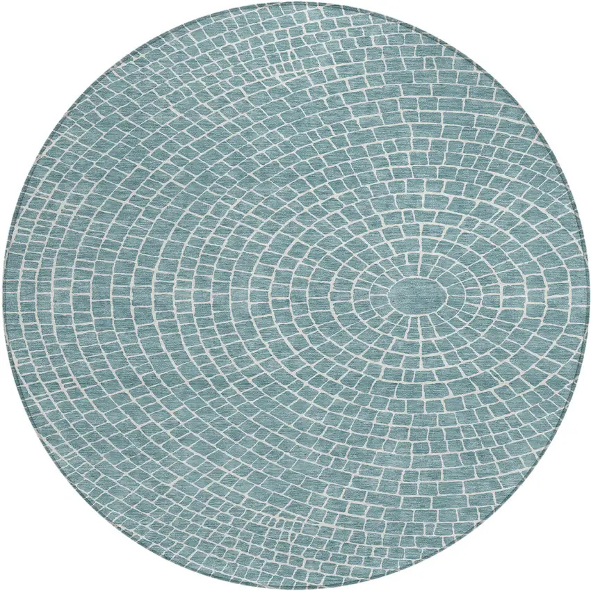 8' Teal Blue And Ivory Round Geometric Washable Indoor Outdoor Area Rug Photo 1