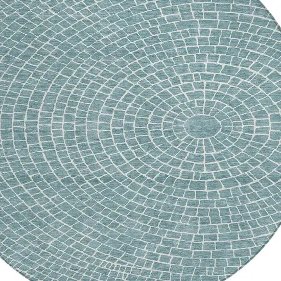 8' Teal Blue And Ivory Round Geometric Washable Indoor Outdoor Area Rug Photo 2