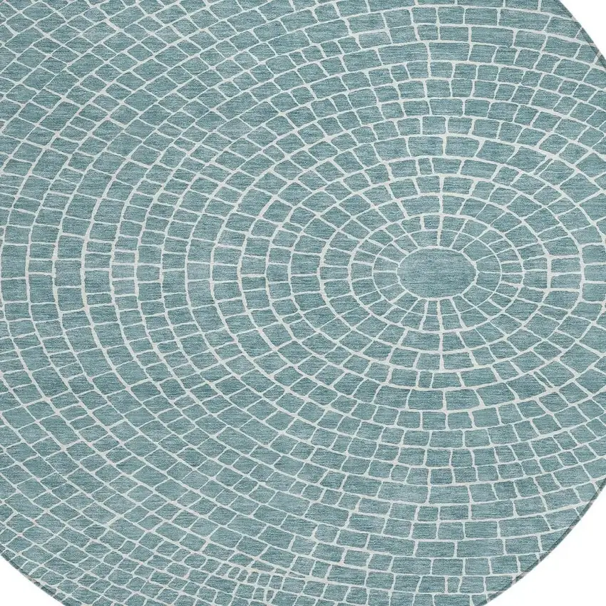 8' Teal Blue And Ivory Round Geometric Washable Indoor Outdoor Area Rug Photo 2