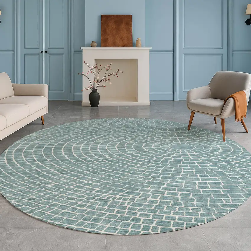 8' Teal Blue And Ivory Round Geometric Washable Indoor Outdoor Area Rug Photo 5