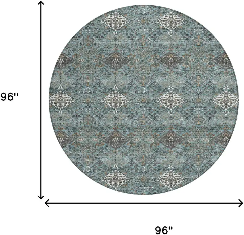 8' Teal Blue And Ivory Round Geometric Washable Indoor Outdoor Area Rug Photo 8