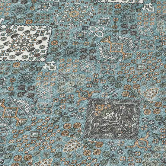 8' Teal Blue And Ivory Round Geometric Washable Indoor Outdoor Area Rug Photo 7