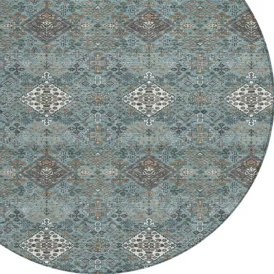 8' Teal Blue And Ivory Round Geometric Washable Indoor Outdoor Area Rug Photo 2