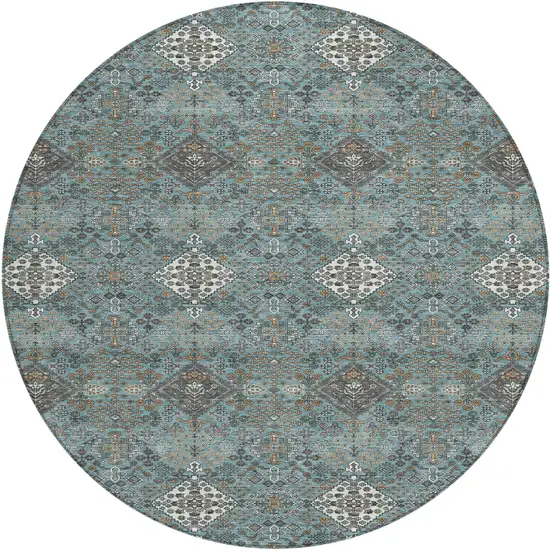 8' Teal Blue And Ivory Round Geometric Washable Indoor Outdoor Area Rug Photo 1