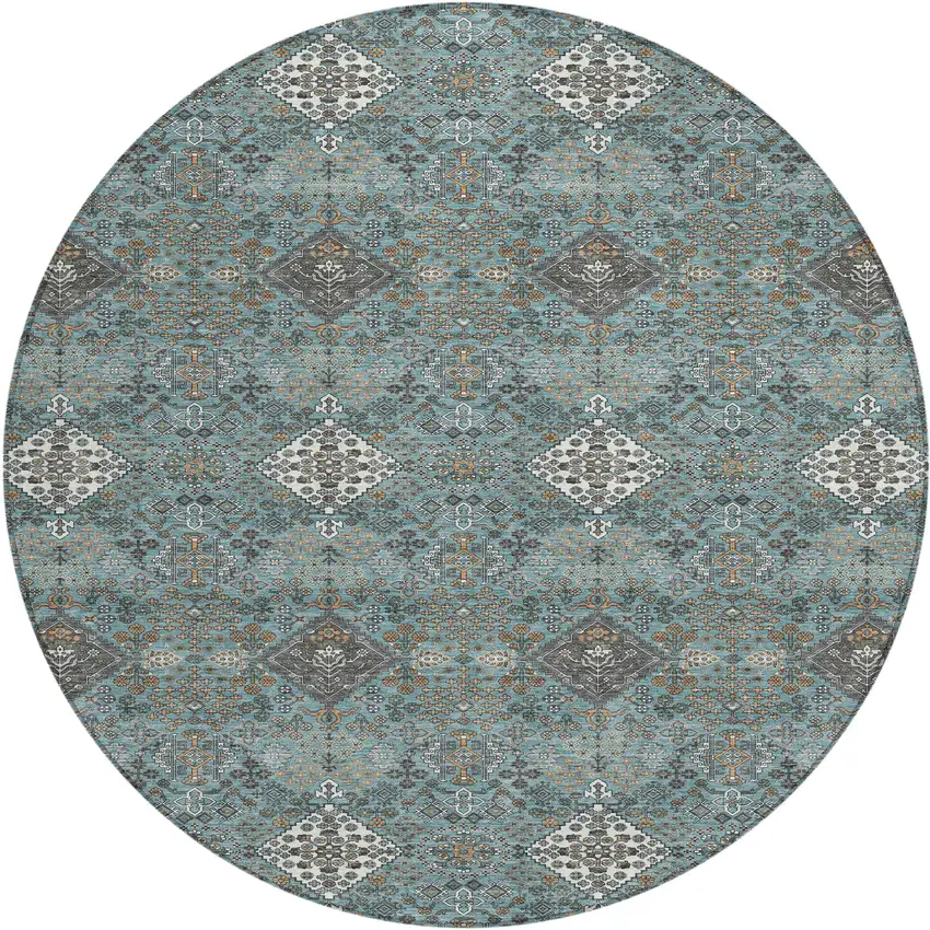 8' Teal Blue And Ivory Round Geometric Washable Indoor Outdoor Area Rug Photo 1