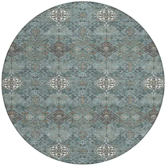 8' Teal Blue And Ivory Round Geometric Washable Indoor Outdoor Area Rug Photo 3