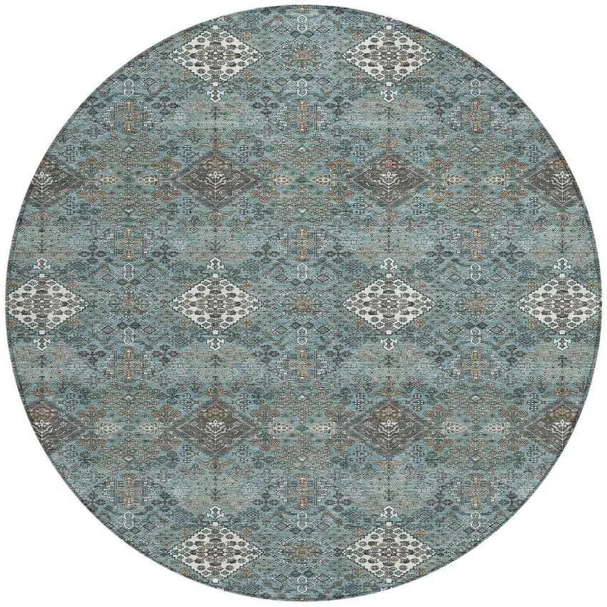 8' Teal Blue And Ivory Round Geometric Washable Indoor Outdoor Area Rug Photo 3