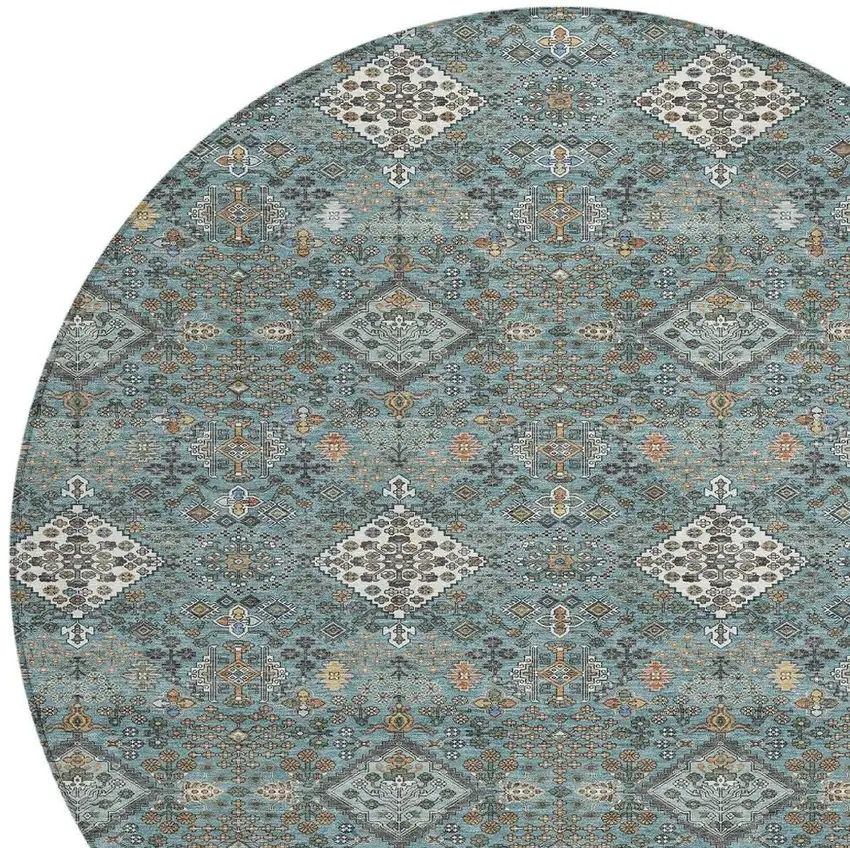 8' Teal Blue And Ivory Round Geometric Washable Indoor Outdoor Area Rug Photo 2