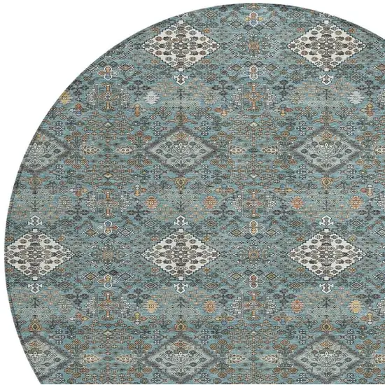 8' Teal Blue And Ivory Round Geometric Washable Indoor Outdoor Area Rug Photo 2