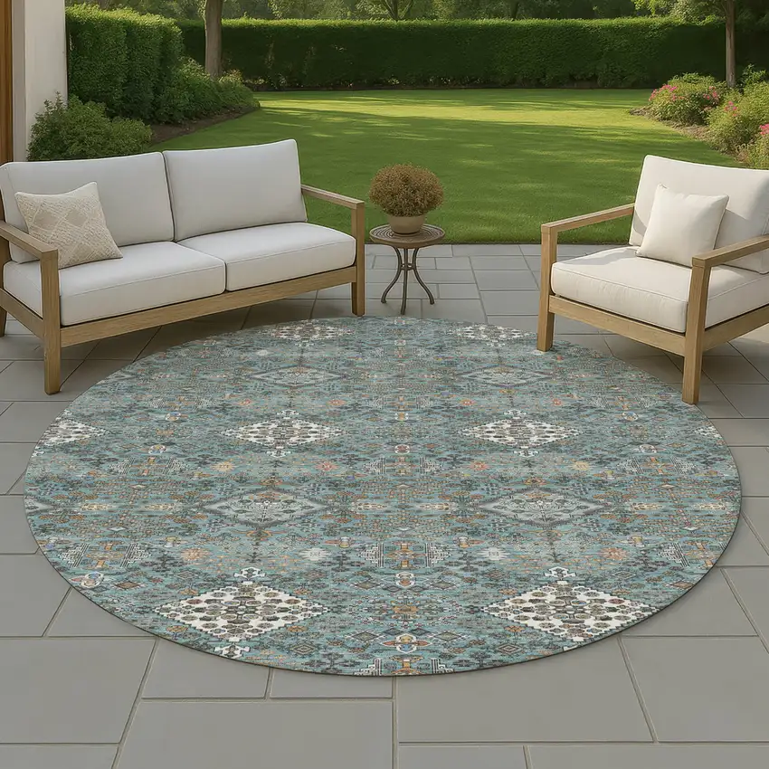 8' Teal Blue And Ivory Round Geometric Washable Indoor Outdoor Area Rug Photo 4