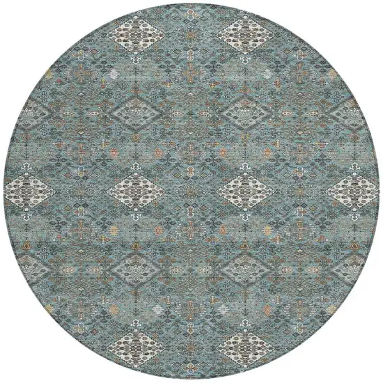 8' Teal Blue And Ivory Round Geometric Washable Indoor Outdoor Area Rug Photo 3
