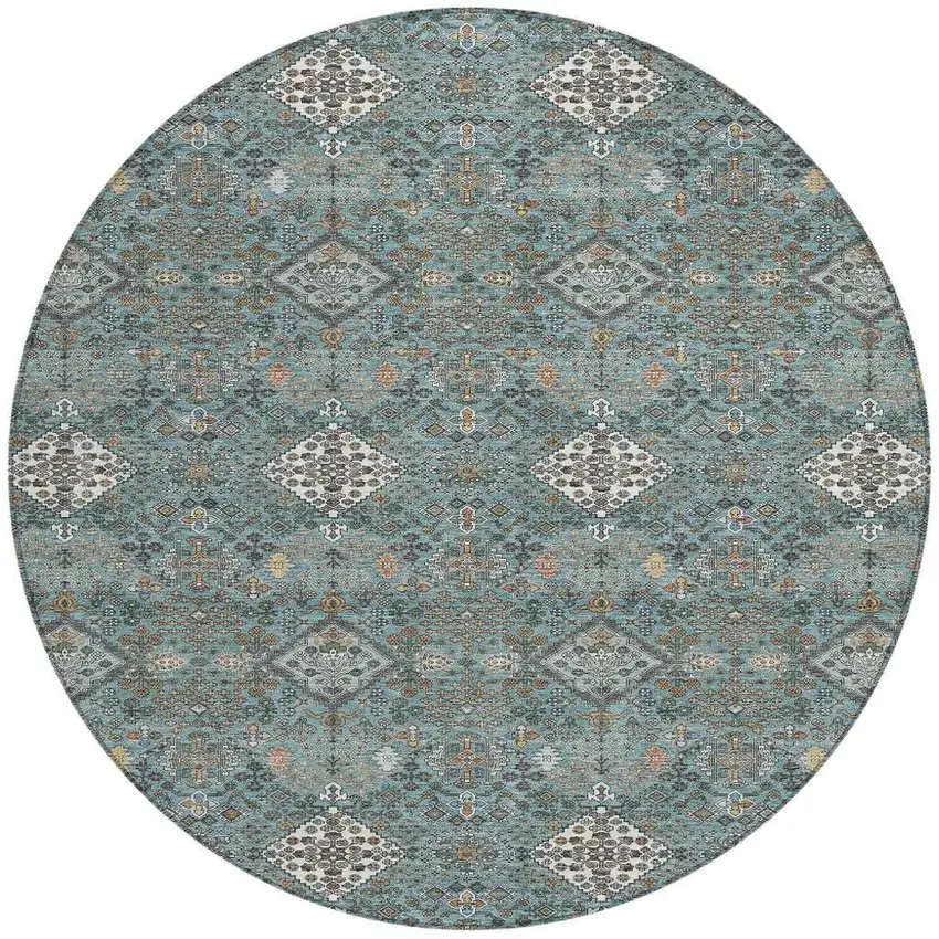8' Teal Blue And Ivory Round Geometric Washable Indoor Outdoor Area Rug Photo 3