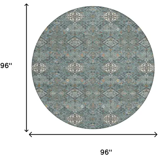 8' Teal Blue And Ivory Round Geometric Washable Indoor Outdoor Area Rug Photo 8