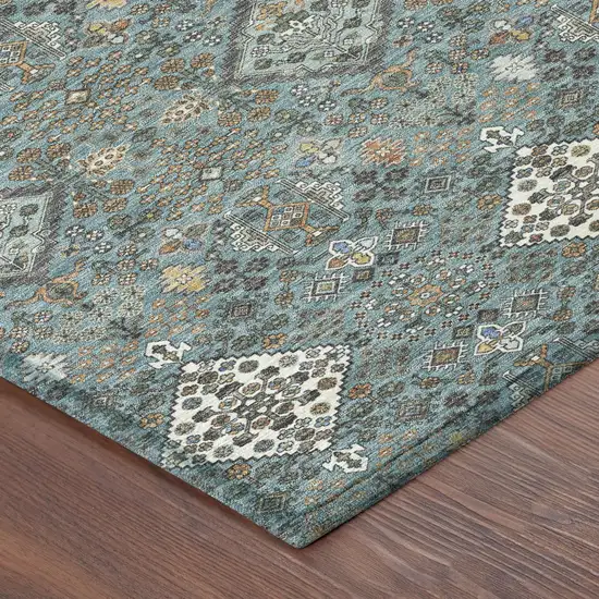8' Teal Blue And Ivory Round Geometric Washable Indoor Outdoor Area Rug Photo 6