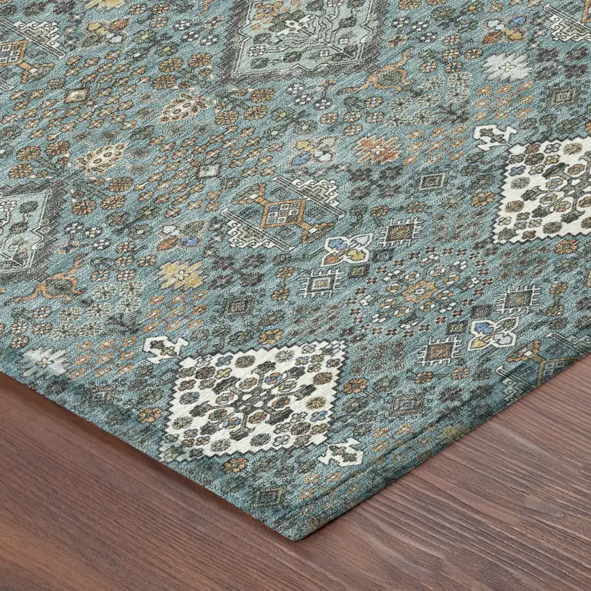 8' Teal Blue And Ivory Round Geometric Washable Indoor Outdoor Area Rug Photo 6
