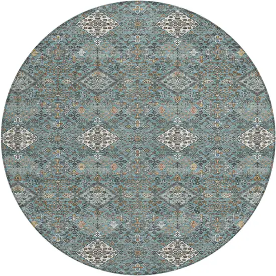 8' Teal Blue And Ivory Round Geometric Washable Indoor Outdoor Area Rug Photo 1