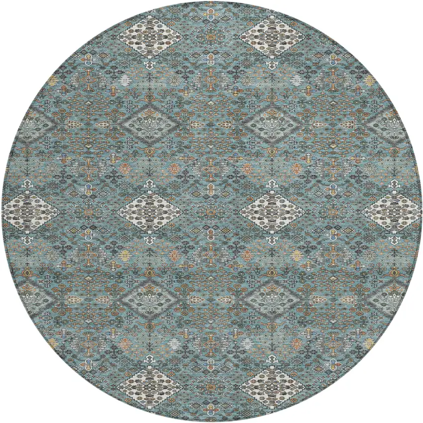8' Teal Blue And Ivory Round Geometric Washable Indoor Outdoor Area Rug Photo 1