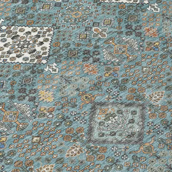 8' Teal Blue And Ivory Round Geometric Washable Indoor Outdoor Area Rug Photo 7