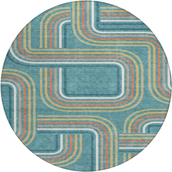 8' Teal Blue And Ivory Round Geometric Washable Indoor Outdoor Area Rug Photo 2
