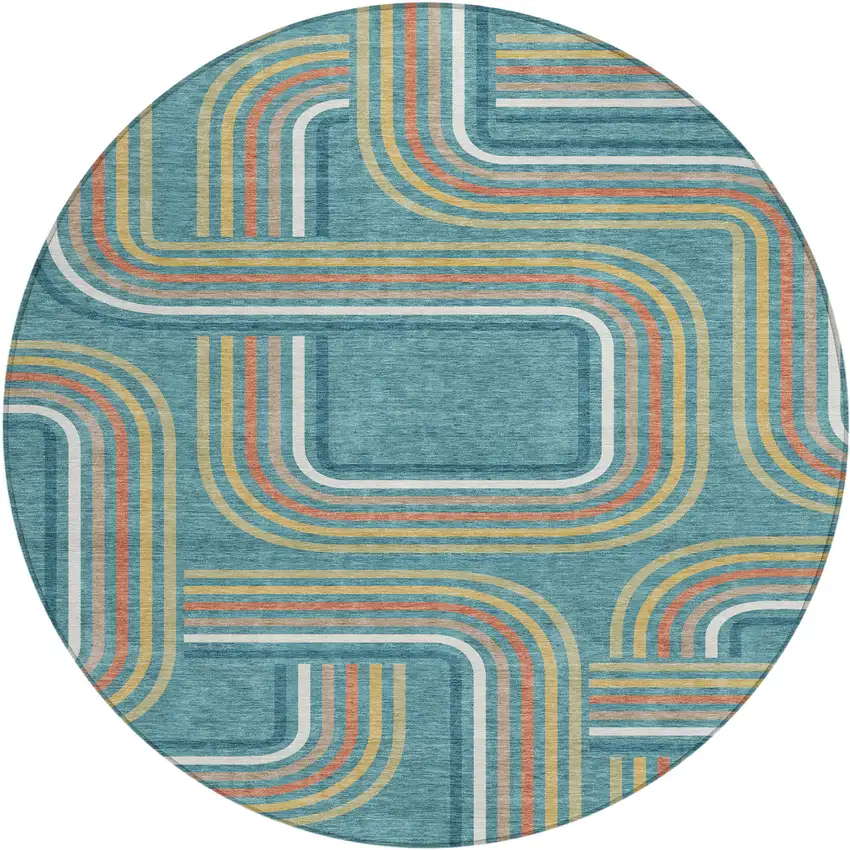 8' Teal Blue And Ivory Round Geometric Washable Indoor Outdoor Area Rug Photo 2