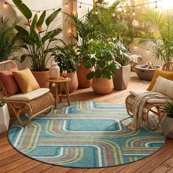 8' Teal Blue And Ivory Round Geometric Washable Indoor Outdoor Area Rug Photo 1