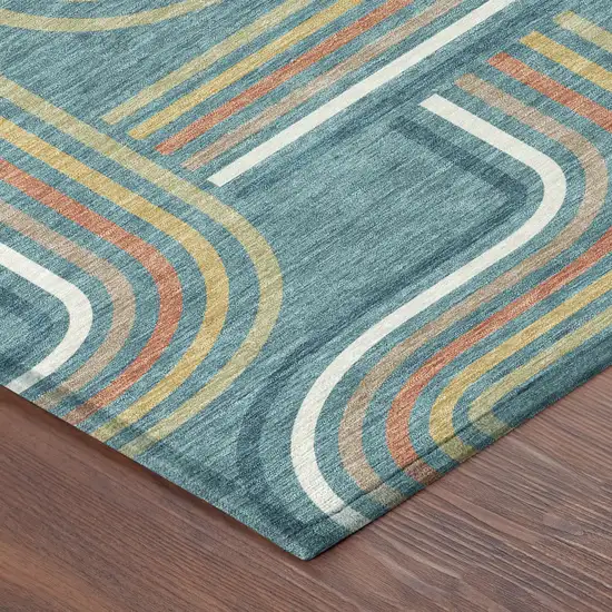 8' Teal Blue And Ivory Round Geometric Washable Indoor Outdoor Area Rug Photo 5
