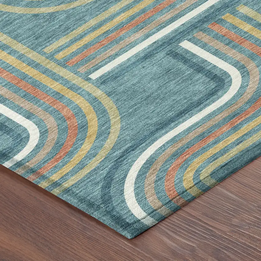 8' Teal Blue And Ivory Round Geometric Washable Indoor Outdoor Area Rug Photo 5