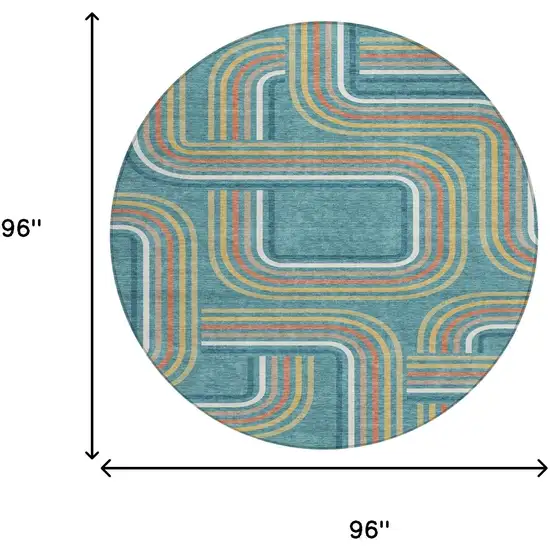 8' Teal Blue And Ivory Round Geometric Washable Indoor Outdoor Area Rug Photo 7