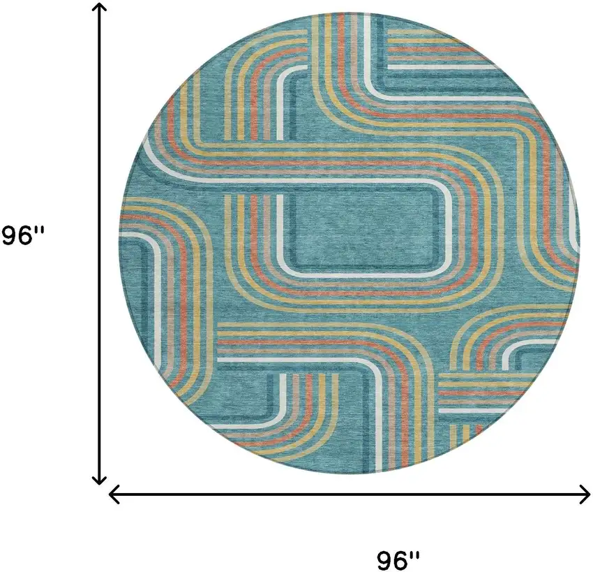 8' Teal Blue And Ivory Round Geometric Washable Indoor Outdoor Area Rug Photo 7
