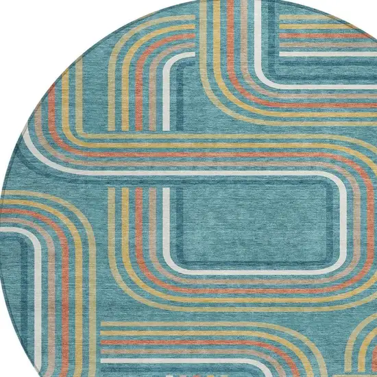 8' Teal Blue And Ivory Round Geometric Washable Indoor Outdoor Area Rug Photo 3