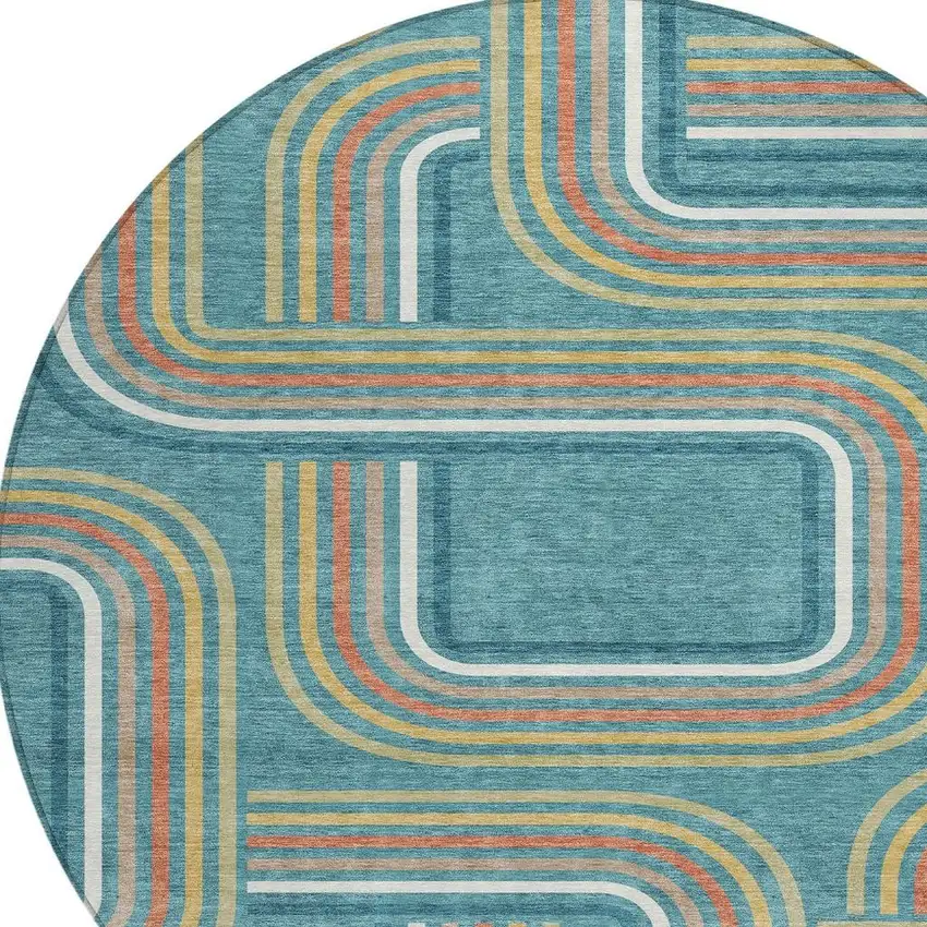 8' Teal Blue And Ivory Round Geometric Washable Indoor Outdoor Area Rug Photo 3