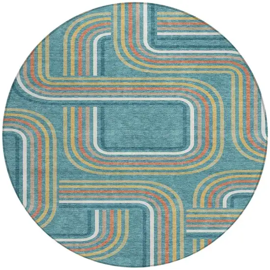 8' Teal Blue And Ivory Round Geometric Washable Indoor Outdoor Area Rug Photo 4