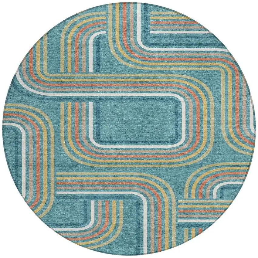 8' Teal Blue And Ivory Round Geometric Washable Indoor Outdoor Area Rug Photo 4