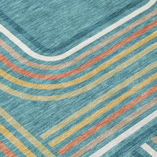 8' Teal Blue And Ivory Round Geometric Washable Indoor Outdoor Area Rug Photo 6