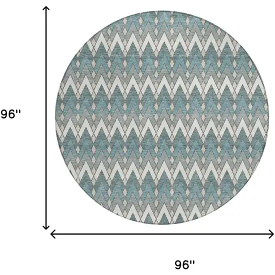 8' Teal Blue And Ivory Round Geometric Washable Indoor Outdoor Area Rug Photo 7
