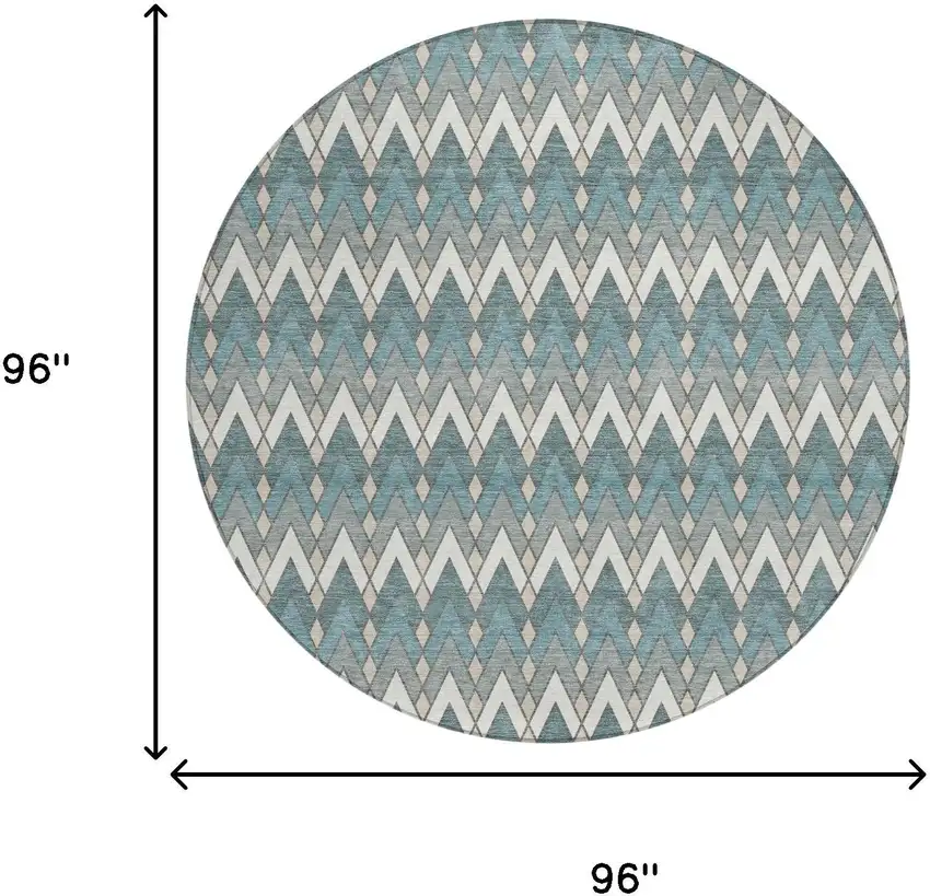 8' Teal Blue And Ivory Round Geometric Washable Indoor Outdoor Area Rug Photo 7