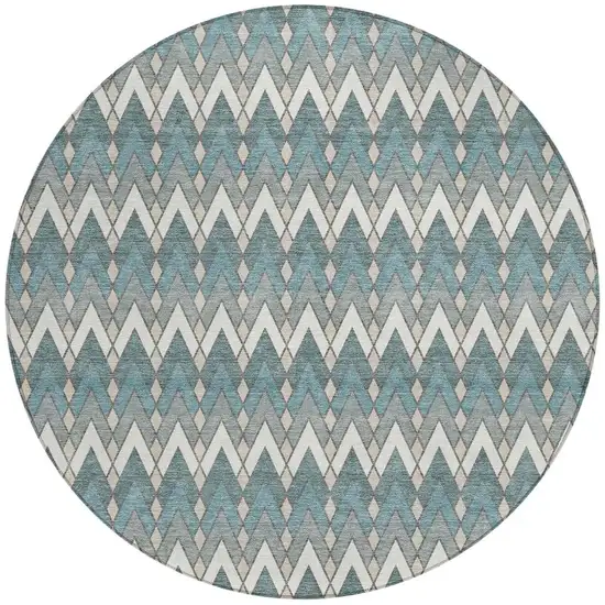 8' Teal Blue And Ivory Round Geometric Washable Indoor Outdoor Area Rug Photo 4