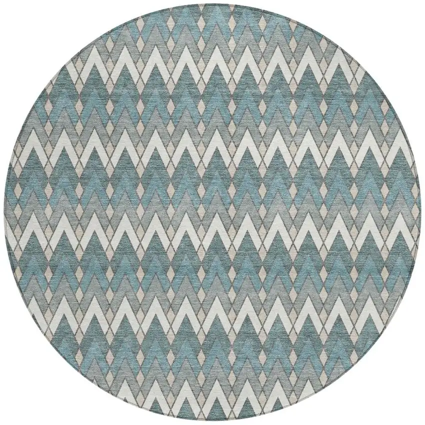8' Teal Blue And Ivory Round Geometric Washable Indoor Outdoor Area Rug Photo 4
