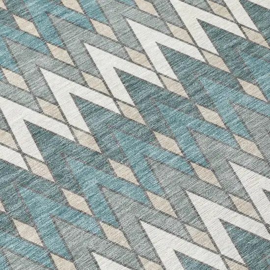 8' Teal Blue And Ivory Round Geometric Washable Indoor Outdoor Area Rug Photo 6