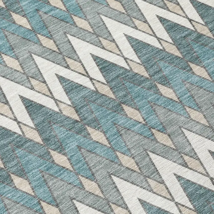 8' Teal Blue And Ivory Round Geometric Washable Indoor Outdoor Area Rug Photo 6