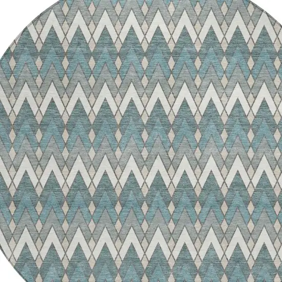 8' Teal Blue And Ivory Round Geometric Washable Indoor Outdoor Area Rug Photo 3