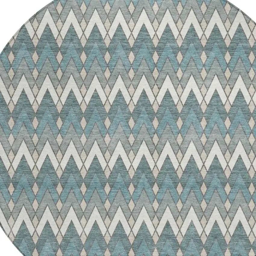 8' Teal Blue And Ivory Round Geometric Washable Indoor Outdoor Area Rug Photo 3