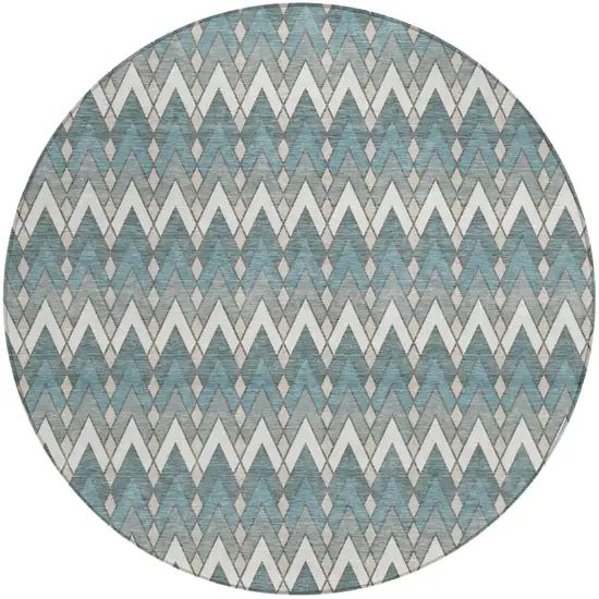 8' Teal Blue And Ivory Round Geometric Washable Indoor Outdoor Area Rug Photo 2