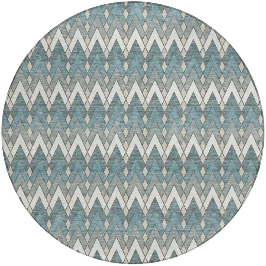 8' Teal Blue And Ivory Round Geometric Washable Indoor Outdoor Area Rug Photo 2